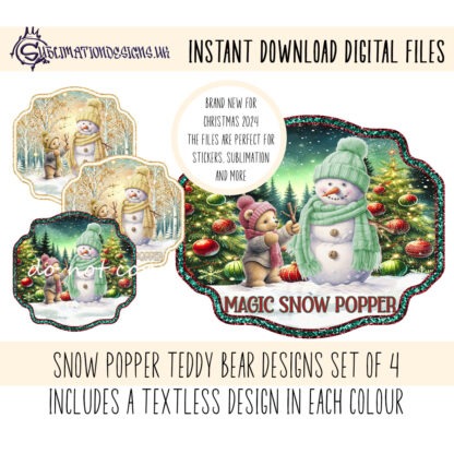 Teddy Bear Snow Popper Label Design Set featuring a bear building a snowman. Includes 4 designs in Gold and Red, with and without the wording "Magic Snow." Ideal for sublimation on snow poppers and personalized holiday gifts.