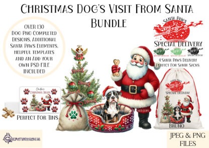 Christmas Dog's Visit from Santa Design Set featuring over 130 designs of various dog breeds sitting by Santa with a sack of gifts. Includes templates for treat tins, Santa sacks, and more. Ideal for dog-themed Christmas gifts.