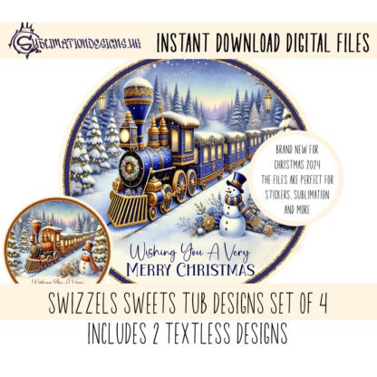 Festive Train Scene sublimation design set with four designs, featuring a festive train scene in orange and blue tones. Includes versions with “Wishing you a Very Merry Christmas” text and textless options. Ideal for Swizzles Sweet Tubs, baubles, and holiday decorations.