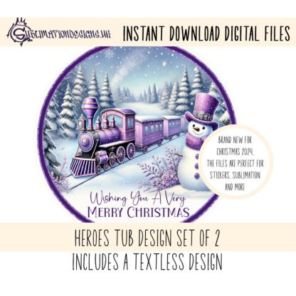 Cadbury's Heroes Tub Topper Design Purple Christmas Train Scene sublimation design set with two designs, featuring a festive train scene in purple tones. Includes a textless design and a "Wishing you a Very Merry Christmas" design. Ideal for Cadbury's Heroes tubs, baubles, and holiday decorations.