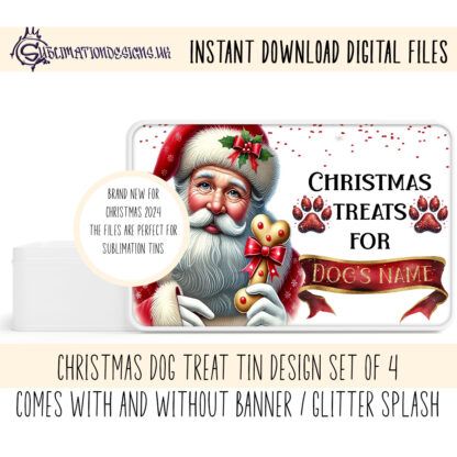 This charming Christmas Treat Tins Design Set includes 4 customizable designs featuring Santa with a wrapped dog treat. Ideal for sublimation on treat tins of any size. Includes high-resolution JPEG and PNG files with 3 mock-up images. Create up to 500 physical products with an instant digital download.