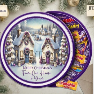 Purple Themed Winter Village sublimation design set with two circular designs, featuring a winter village in purple tones. Includes a version with “From our house to yours” text and a textless option. Ideal for Cadbury’s Heroes tubs, stickers, baubles, and holiday decorations.