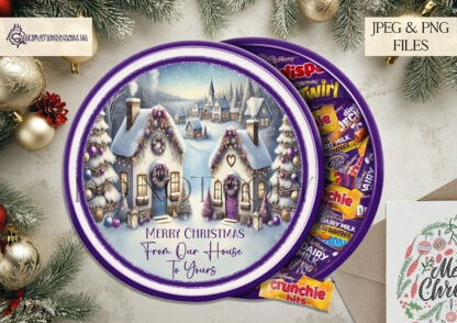 Purple Themed Winter Village sublimation design set with two circular designs, featuring a winter village in purple tones. Includes a version with “From our house to yours” text and a textless option. Ideal for Cadbury’s Heroes tubs, stickers, baubles, and holiday decorations.