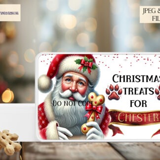 This charming Christmas Treat Tins Design Set includes 4 customizable designs featuring Santa with a wrapped dog treat. Ideal for sublimation on treat tins of any size. Includes high-resolution JPEG and PNG files with 3 mock-up images. Create up to 500 physical products with an instant digital download.