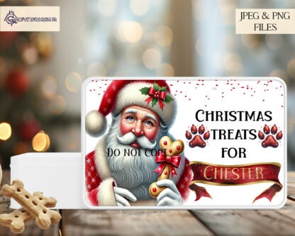 This charming Christmas Treat Tins Design Set includes 4 customizable designs featuring Santa with a wrapped dog treat. Ideal for sublimation on treat tins of any size. Includes high-resolution JPEG and PNG files with 3 mock-up images. Create up to 500 physical products with an instant digital download.