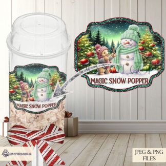 Teddy Bear Snow Popper Label Design Set featuring a bear building a snowman. Includes 4 designs in Gold and Red, with and without the wording "Magic Snow." Ideal for sublimation on snow poppers and personalized holiday gifts.