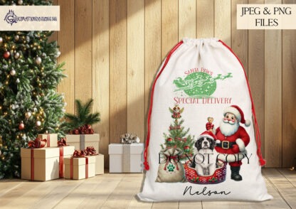 Christmas Dog's Visit from Santa Design Set featuring over 130 designs of various dog breeds sitting by Santa with a sack of gifts. Includes templates for treat tins, Santa sacks, and more. Ideal for dog-themed Christmas gifts.