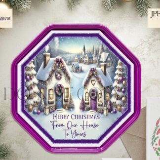 Purple Themed Octagon Winter Village sublimation design set with two octagon-shaped designs, featuring a winter village in purple tones. Includes a version with “From our house to yours” text and a textless option. Ideal for Quality Street tubs, stickers, baubles, and holiday decorations.