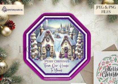 Purple Themed Octagon Winter Village sublimation design set with two octagon-shaped designs, featuring a winter village in purple tones. Includes a version with “From our house to yours” text and a textless option. Ideal for Quality Street tubs, stickers, baubles, and holiday decorations.