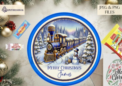 Festive Train Scene sublimation design set with four designs, featuring a festive train scene in orange and blue tones. Includes versions with “Wishing you a Very Merry Christmas” text and textless options. Ideal for Swizzles Sweet Tubs, baubles, and holiday decorations.