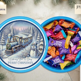 Cadbury's Roses Tub Design Blue Christmas Train Scene sublimation design set with two designs, featuring a festive train scene in blue tones. Ideal for Cadbury's Roses tubs, baubles, and holiday decorations. Includes high-resolution JPEG and PNG files for easy use.