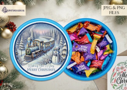 Cadbury's Roses Tub Design Blue Christmas Train Scene sublimation design set with two designs, featuring a festive train scene in blue tones. Ideal for Cadbury's Roses tubs, baubles, and holiday decorations. Includes high-resolution JPEG and PNG files for easy use.