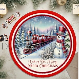 Celebrations Tub Topper Design Red Christmas Train Scene sublimation design set with two designs, featuring a festive train scene in red tones. Ideal for Celebrations tubs, baubles, and holiday decorations. Includes high-resolution JPEG and PNG files for easy use.