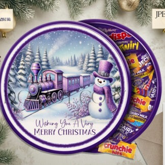 Cadbury's Heroes Tub Topper Design Purple Christmas Train Scene sublimation design set with two designs, featuring a festive train scene in purple tones. Includes a textless design and a "Wishing you a Very Merry Christmas" design. Ideal for Cadbury's Heroes tubs, baubles, and holiday decorations.