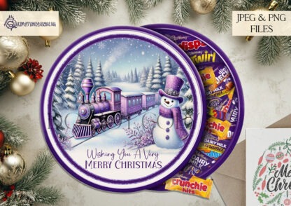 Cadbury's Heroes Tub Topper Design Purple Christmas Train Scene sublimation design set with two designs, featuring a festive train scene in purple tones. Includes a textless design and a "Wishing you a Very Merry Christmas" design. Ideal for Cadbury's Heroes tubs, baubles, and holiday decorations.