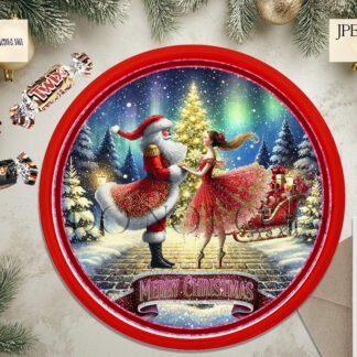 Santa's Moonlit Dance Design Set featuring Santa dancing with a ballerina in front of a Christmas tree. Includes 8 designs: circular designs in red, blue, and purple, and a purple octagon design, with both textless and "Merry Christmas" options. Ideal for Roses, Heroes, Celebrations, and Quality Street tubs.