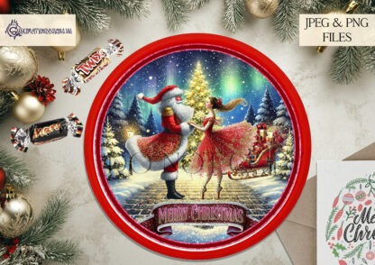 Santa's Moonlit Dance Design Set featuring Santa dancing with a ballerina in front of a Christmas tree. Includes 8 designs: circular designs in red, blue, and purple, and a purple octagon design, with both textless and "Merry Christmas" options. Ideal for Roses, Heroes, Celebrations, and Quality Street tubs.