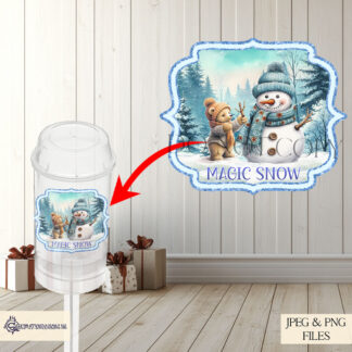 Teddy Bear Snow Popper Label Design Set featuring a bear building a snowman. Includes 4 designs in blue and pink, with and without the wording "Magic Snow." Ideal for sublimation on snow poppers and personalized holiday gifts.