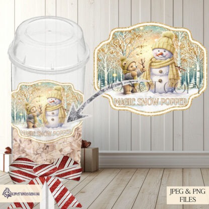 Teddy Bear Snow Popper Label Design Set featuring a bear building a snowman. Includes 4 designs in Gold and Red, with and without the wording "Magic Snow." Ideal for sublimation on snow poppers and personalized holiday gifts.