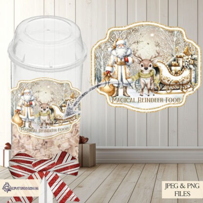 Reindeer Food Popper Label Design Set featuring Santa with his sleigh and a reindeer on a wintery background. Includes 5 designs in Pink, Baby Blue, Red & Green, Navy & Gold, and White & Gold. Ideal for sublimation on reindeer food poppers and personalized Christmas gifts.