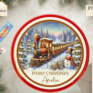 Festive Train Scene sublimation design set with four designs, featuring a festive train scene in orange and blue tones. Includes versions with “Wishing you a Very Merry Christmas” text and textless options. Ideal for Swizzles Sweet Tubs, baubles, and holiday decorations.