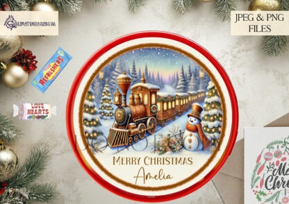 Festive Train Scene sublimation design set with four designs, featuring a festive train scene in orange and blue tones. Includes versions with “Wishing you a Very Merry Christmas” text and textless options. Ideal for Swizzles Sweet Tubs, baubles, and holiday decorations.