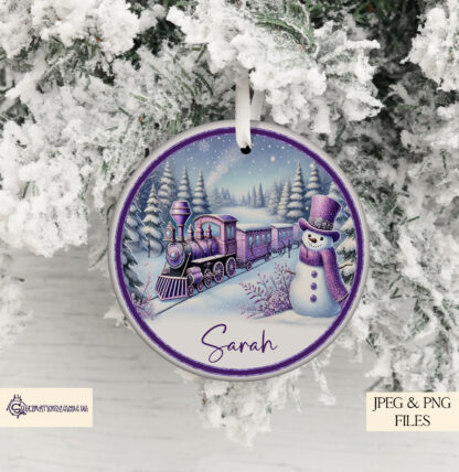 Cadbury's Heroes Tub Topper Design Purple Christmas Train Scene sublimation design set with two designs, featuring a festive train scene in purple tones. Includes a textless design and a "Wishing you a Very Merry Christmas" design. Ideal for Cadbury's Heroes tubs, baubles, and holiday decorations.