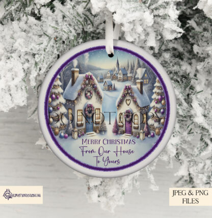 Purple Themed Winter Village sublimation design set with two circular designs, featuring a winter village in purple tones. Includes a version with “From our house to yours” text and a textless option. Ideal for Cadbury’s Heroes tubs, stickers, baubles, and holiday decorations.