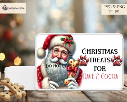 This charming Christmas Treat Tins Design Set includes 4 customizable designs featuring Santa with a wrapped dog treat. Ideal for sublimation on treat tins of any size. Includes high-resolution JPEG and PNG files with 3 mock-up images. Create up to 500 physical products with an instant digital download.