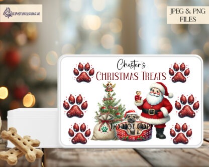 Christmas Dog's Visit from Santa Design Set featuring over 130 designs of various dog breeds sitting by Santa with a sack of gifts. Includes templates for treat tins, Santa sacks, and more. Ideal for dog-themed Christmas gifts.