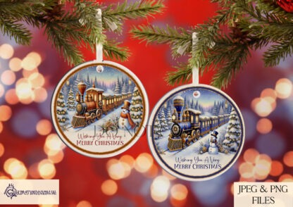 Festive Train Scene sublimation design set with four designs, featuring a festive train scene in orange and blue tones. Includes versions with “Wishing you a Very Merry Christmas” text and textless options. Ideal for Swizzles Sweet Tubs, baubles, and holiday decorations.