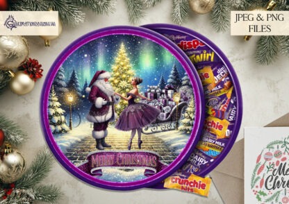 Santa's Moonlit Dance Design Set featuring Santa dancing with a ballerina in front of a Christmas tree. Includes 8 designs: circular designs in red, blue, and purple, and a purple octagon design, with both textless and "Merry Christmas" options. Ideal for Roses, Heroes, Celebrations, and Quality Street tubs.