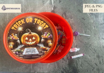 Halloween Night Tub Topper Design Set featuring 12 spooky designs with haunted pumpkins, skulls, and eerie castles. Designed for Swizzels tubs with both textless and "Happy Halloween" options. Ideal for sublimation on baubles, chopping boards, and holiday decorations.