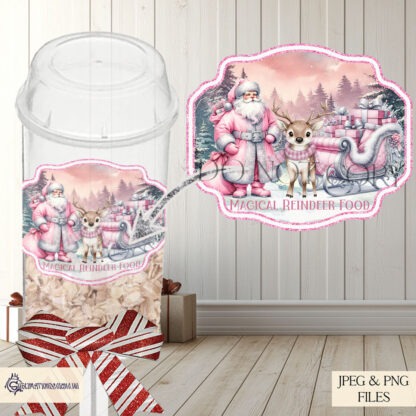 Reindeer Food Popper Label Design Set featuring Santa with his sleigh and a reindeer on a wintery background. Includes 5 designs in Pink, Baby Blue, Red & Green, Navy & Gold, and White & Gold. Ideal for sublimation on reindeer food poppers and personalized Christmas gifts.