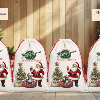 Christmas Dog's Visit from Santa Design Set featuring over 130 designs of various dog breeds sitting by Santa with a sack of gifts. Includes templates for treat tins, Santa sacks, and more. Ideal for dog-themed Christmas gifts.