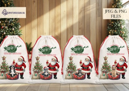 Christmas Dog's Visit from Santa Design Set featuring over 130 designs of various dog breeds sitting by Santa with a sack of gifts. Includes templates for treat tins, Santa sacks, and more. Ideal for dog-themed Christmas gifts.