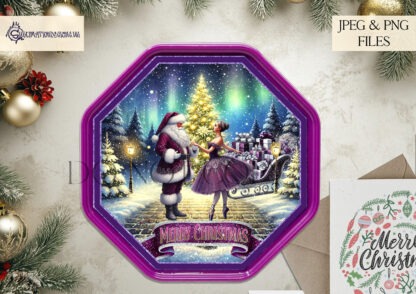 Santa's Moonlit Dance Design Set featuring Santa dancing with a ballerina in front of a Christmas tree. Includes 8 designs: circular designs in red, blue, and purple, and a purple octagon design, with both textless and "Merry Christmas" options. Ideal for Roses, Heroes, Celebrations, and Quality Street tubs.