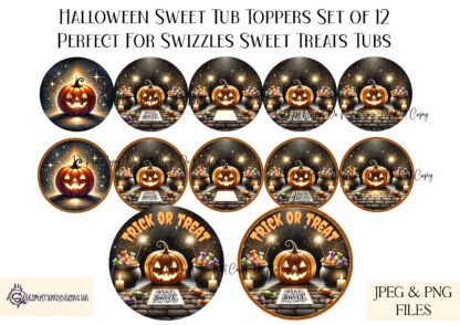 Halloween Night Tub Topper Design Set featuring 12 spooky designs with haunted pumpkins, skulls, and eerie castles. Designed for Swizzels tubs with both textless and "Happy Halloween" options. Ideal for sublimation on baubles, chopping boards, and holiday decorations.