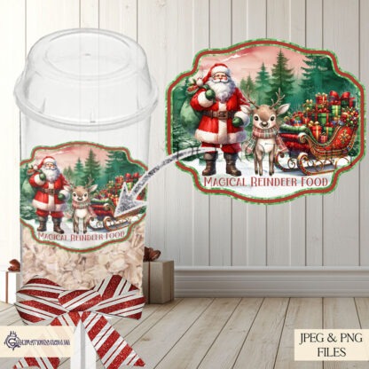 Reindeer Food Popper Label Design Set featuring Santa with his sleigh and a reindeer on a wintery background. Includes 5 designs in Pink, Baby Blue, Red & Green, Navy & Gold, and White & Gold. Ideal for sublimation on reindeer food poppers and personalized Christmas gifts.