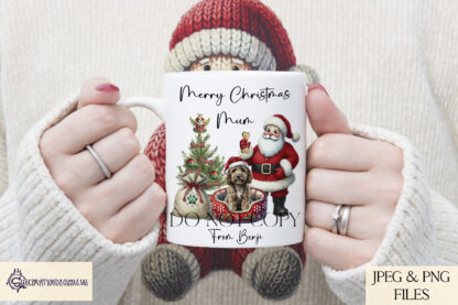 Christmas Dog's Visit from Santa Design Set featuring over 130 designs of various dog breeds sitting by Santa with a sack of gifts. Includes templates for treat tins, Santa sacks, and more. Ideal for dog-themed Christmas gifts.