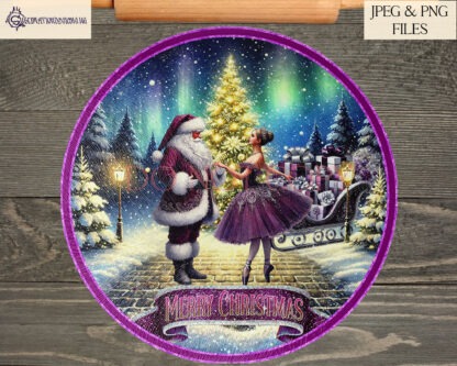 Santa's Moonlit Dance Design Set featuring Santa dancing with a ballerina in front of a Christmas tree. Includes 8 designs: circular designs in red, blue, and purple, and a purple octagon design, with both textless and "Merry Christmas" options. Ideal for Roses, Heroes, Celebrations, and Quality Street tubs.