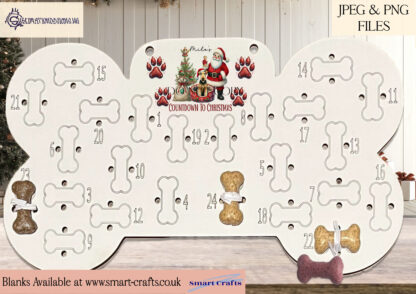 Christmas Dog's Visit from Santa Design Set featuring over 130 designs of various dog breeds sitting by Santa with a sack of gifts. Includes templates for treat tins, Santa sacks, and more. Ideal for dog-themed Christmas gifts.