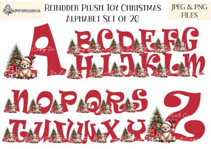 Festive Plush Toy Reindeer Alphabet Set featuring 26 letters from A-Z, with a plush reindeer holding hot chocolate next to a Christmas tree. Ideal for sublimation and personalised holiday gifts.