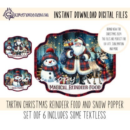 Tartan Themed Christmas Popper Label Designs Set featuring 6 festive designs for reindeer food and snow poppers. Includes glitter and standard tartan designs. Ideal for sublimation on holiday treats.