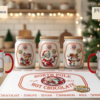 North Pole Hot Chocolate Station Santa Approved Designs Set featuring 13 festive designs for labels, mugs, and chopping boards. Ideal for creating a cosy holiday experience.