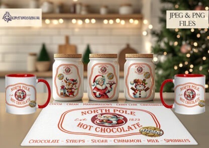 North Pole Hot Chocolate Station Santa Approved Designs Set featuring 13 festive designs for labels, mugs, and chopping boards. Ideal for creating a cosy holiday experience.