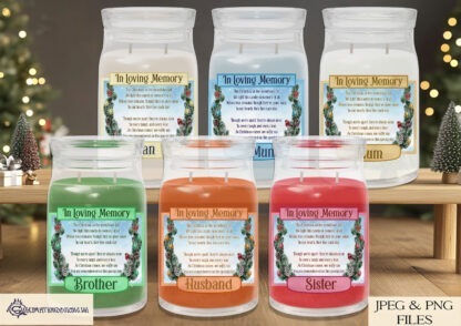 Christmas Memorial Candle Label Set featuring 6 colourful designs with an exclusive poem, perfect for glass jar candles. Ideal for remembrance gifts during the holiday season.