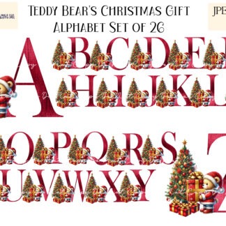 Teddy Bears Christmas Gift Alphabet Set – Red Edition, featuring 26 letters from A-Z with teddy bears carrying Christmas gifts. Ideal for sublimation and personalized holiday decorations.