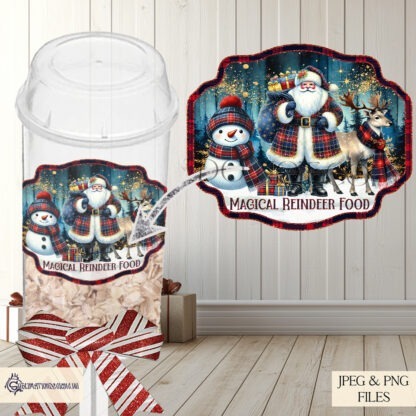 Tartan Themed Christmas Popper Label Designs Set featuring 6 festive designs for reindeer food and snow poppers. Includes glitter and standard tartan designs. Ideal for sublimation on holiday treats.