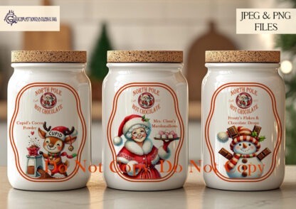 North Pole Hot Chocolate Station Santa Approved Designs Set featuring 13 festive designs for labels, mugs, and chopping boards. Ideal for creating a cosy holiday experience.